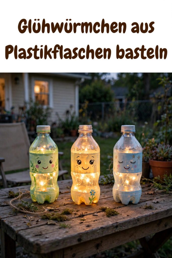 Glühwürmchen aus bemalten Plastikflaschen mit LED-Lichtern