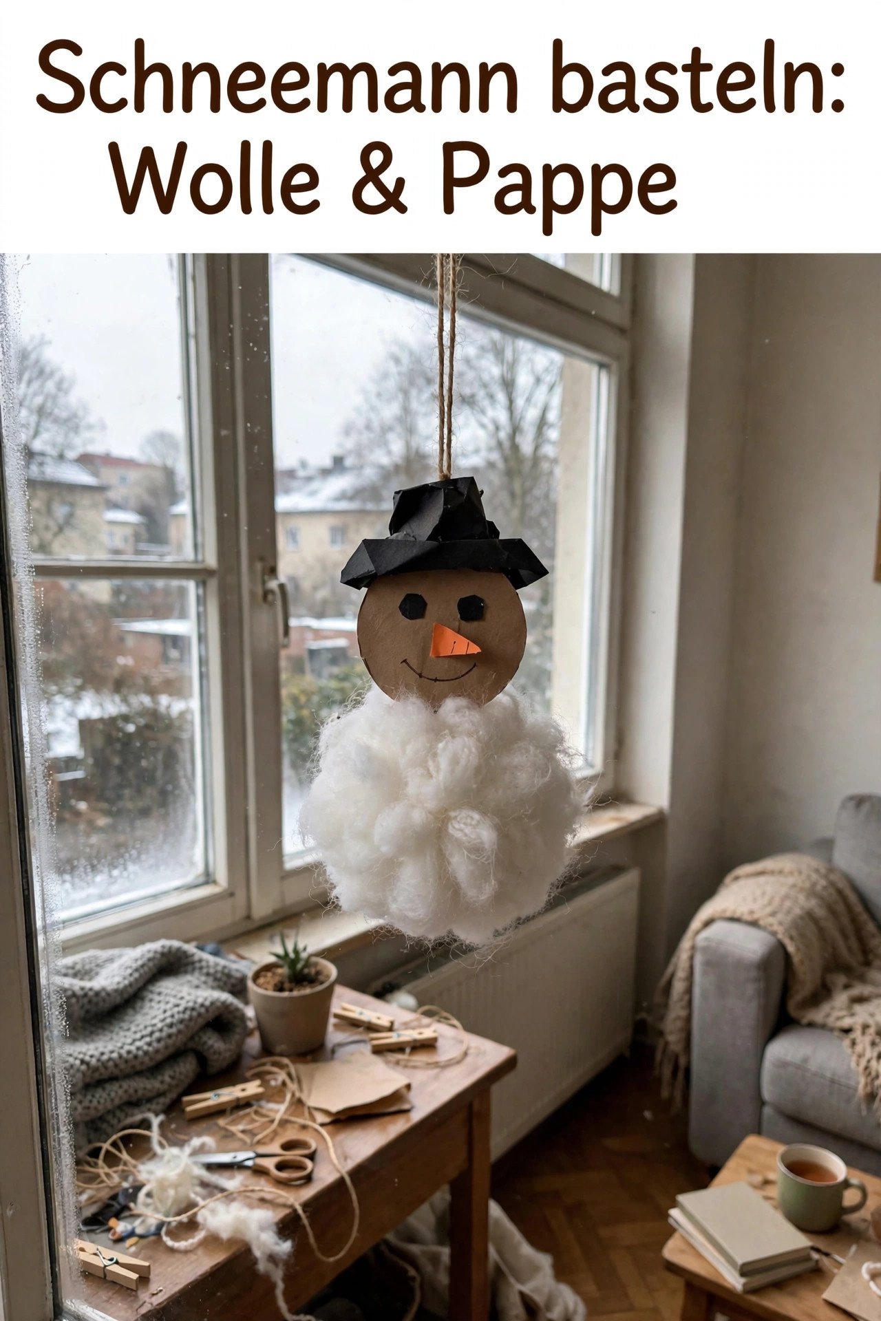 Schneemann aus Wolle und Pappe