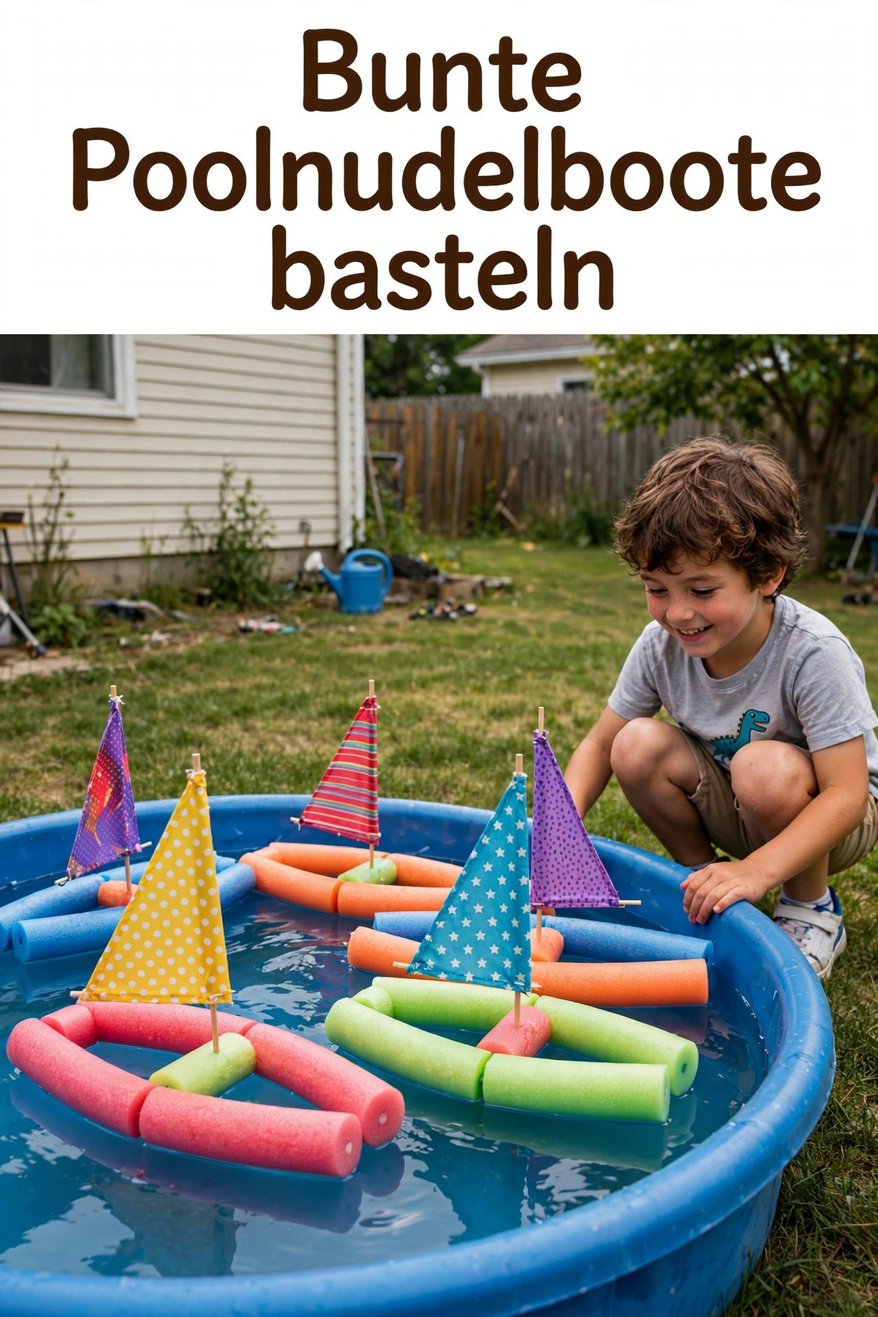 Bunte Boote aus Poolnudeln schwimmen im Planschbecken