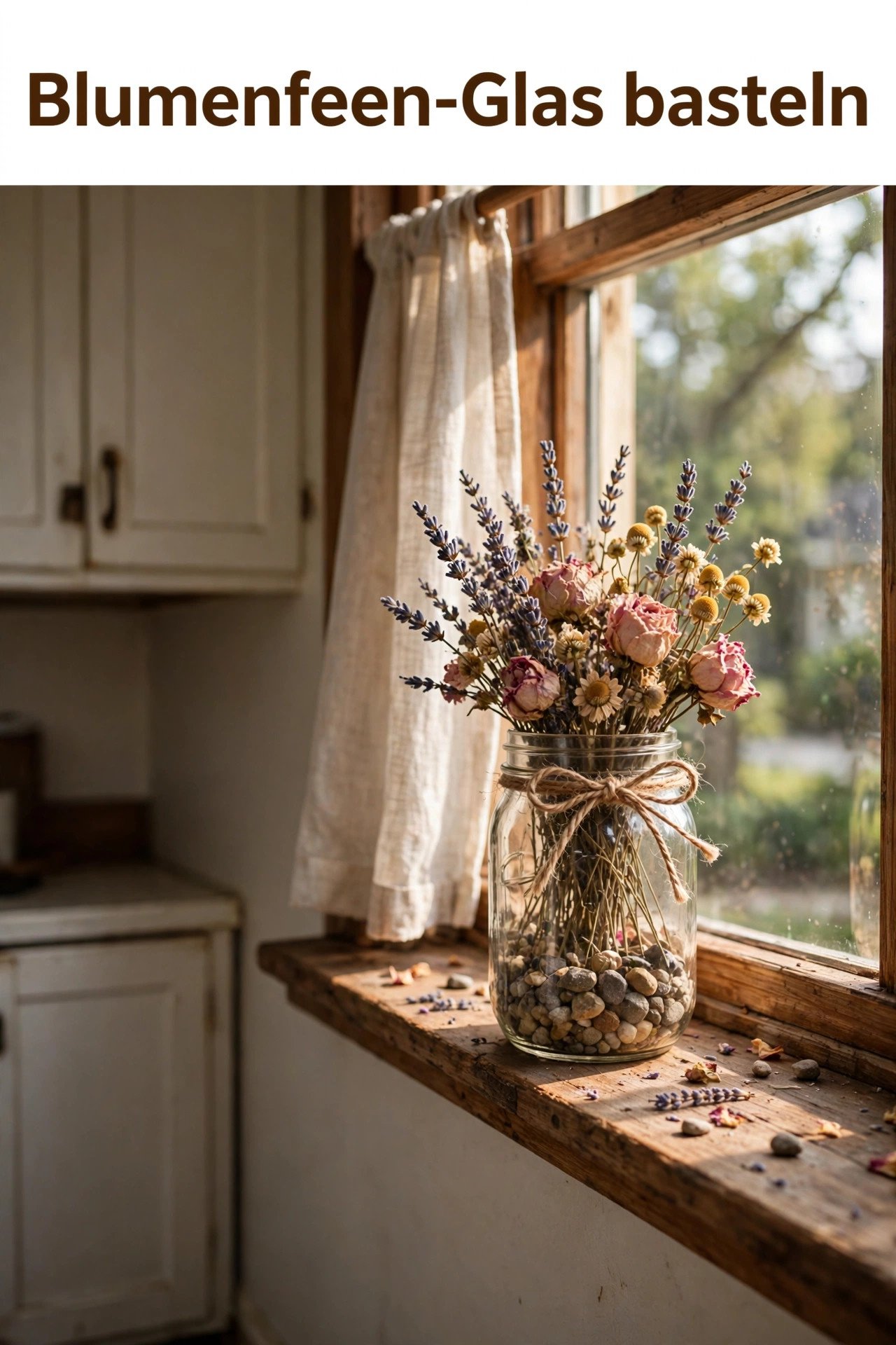 Blumenfeen-Glas mit getrockneten Blumen auf der Fensterbank