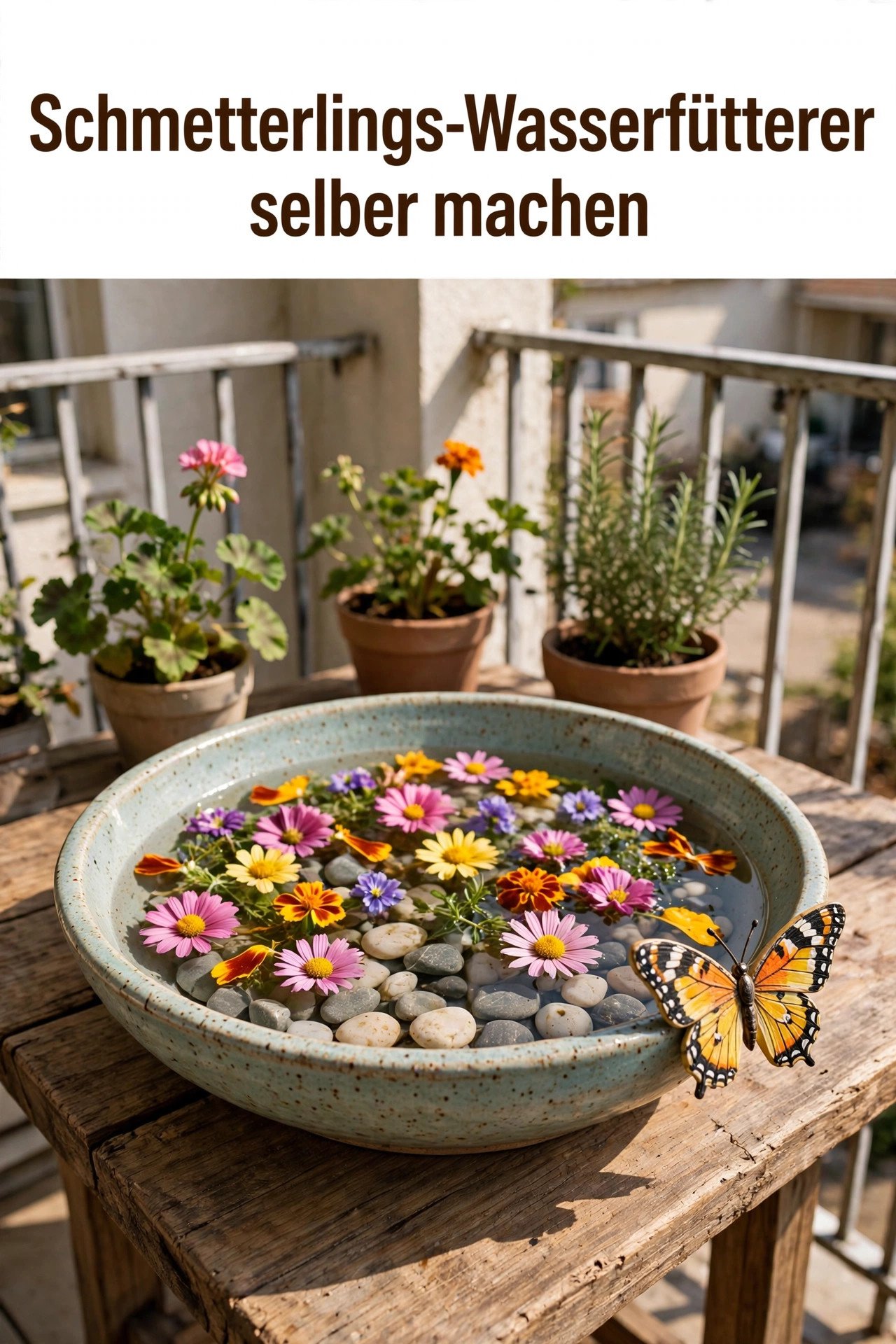 Schmetterlings-Wasserfütterer mit Blumen und Kieselsteinen