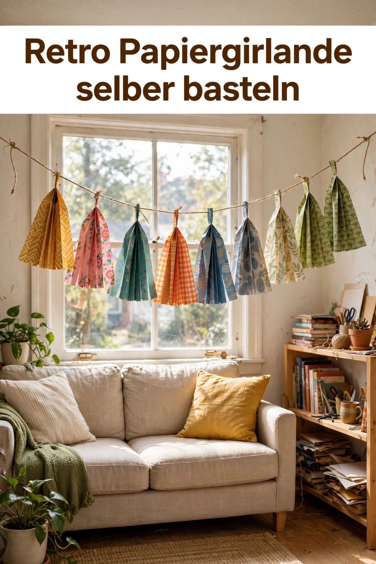 Bunte Retro-Papiergirlande hängt am Fenster