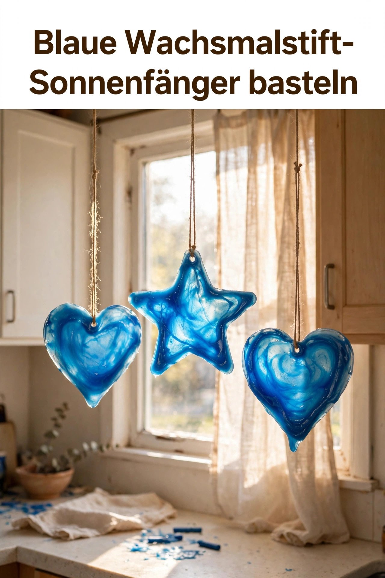 Blaue Sonnenfänger aus geschmolzenen Wachsmalstiften am Fenster