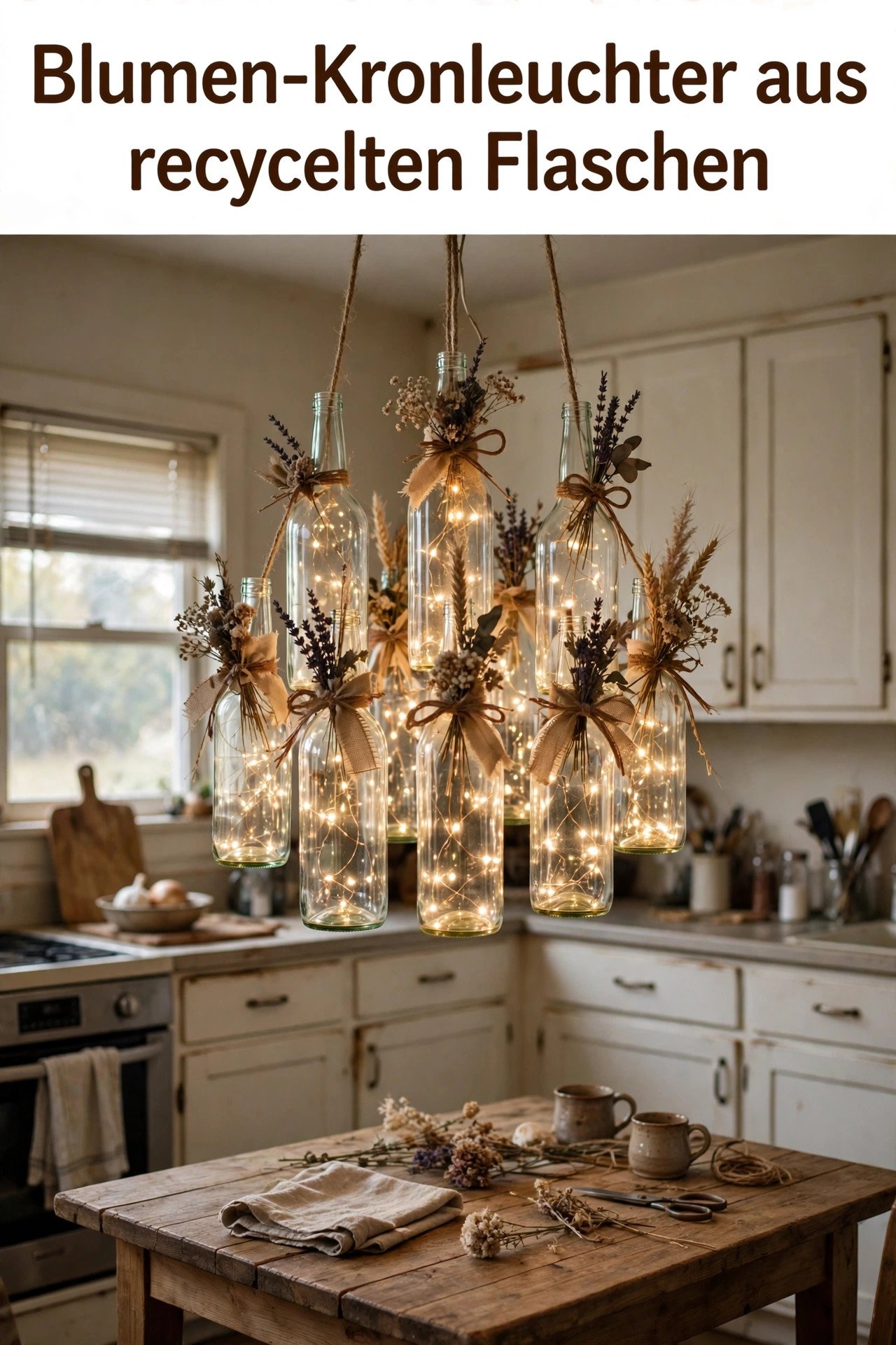 Blumen-Kronleuchter aus recycelten Glasflaschen mit Lichterkette