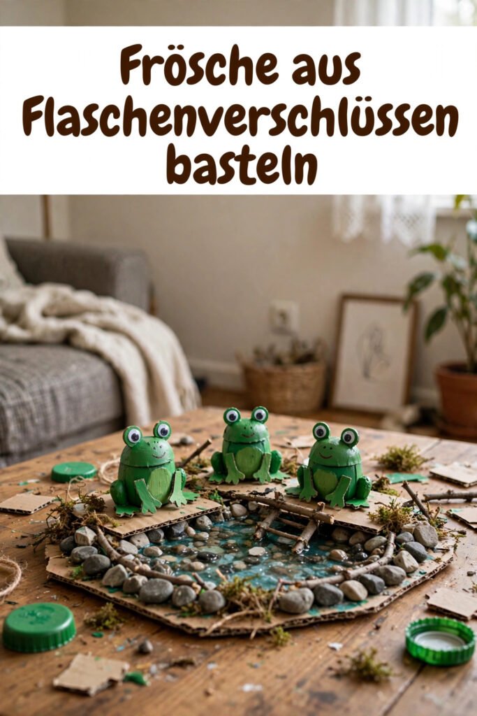 Frösche aus recycelten Flaschenverschlüssen in einer Teichszene
