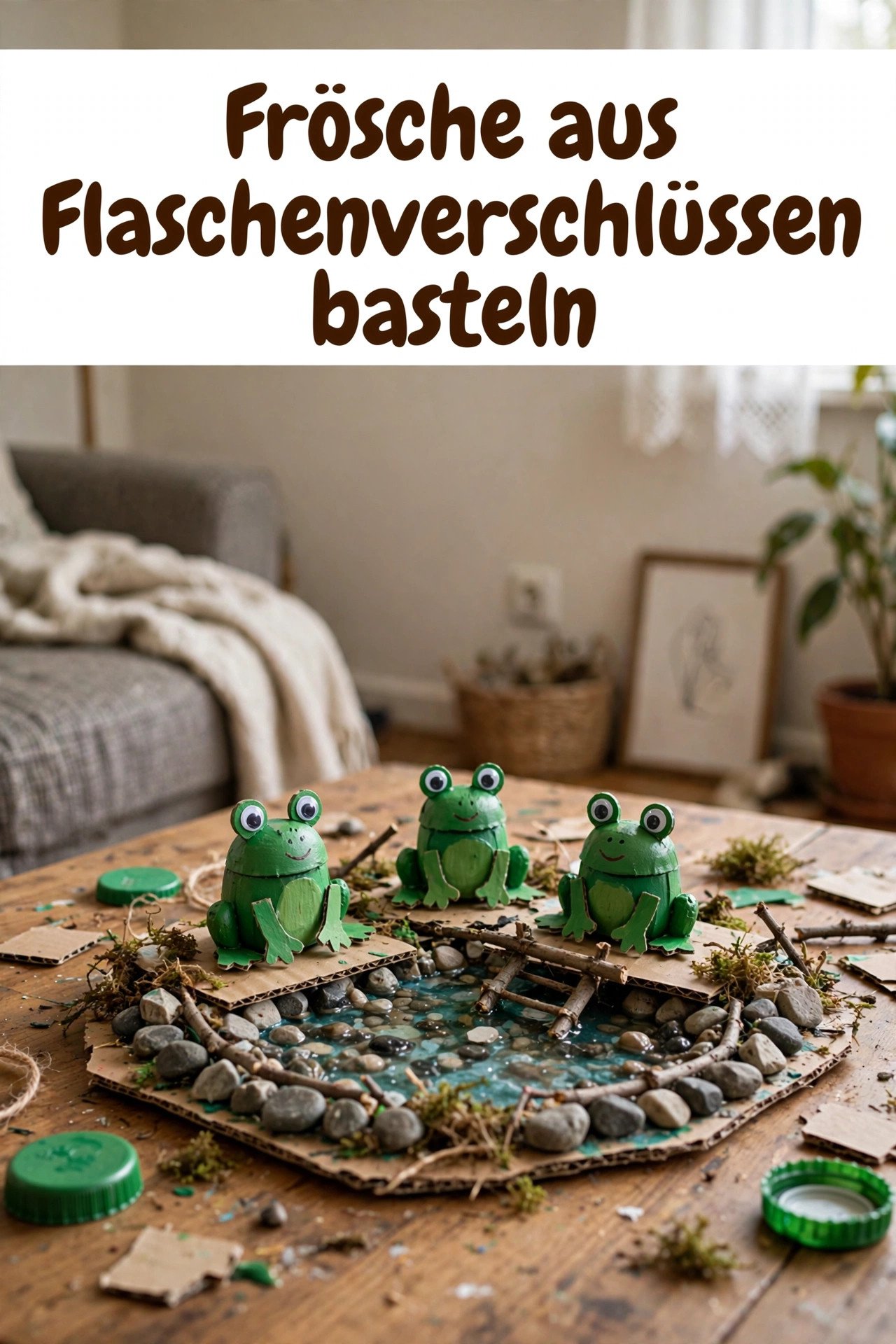 Frösche aus recycelten Flaschenverschlüssen in einer Teichszene