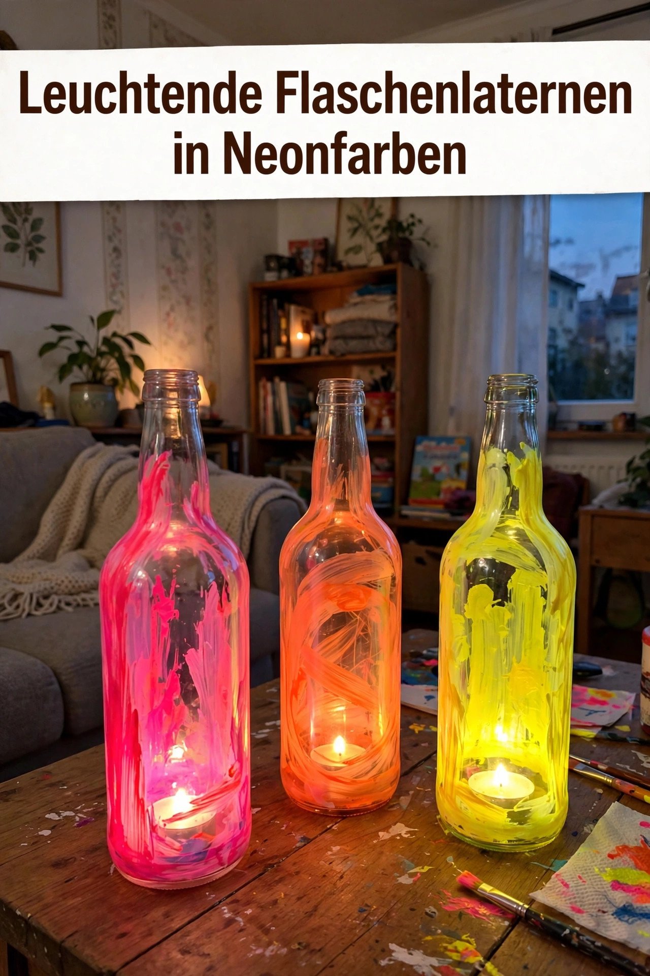 Leuchtende Flaschenlaternen in Neonfarben
