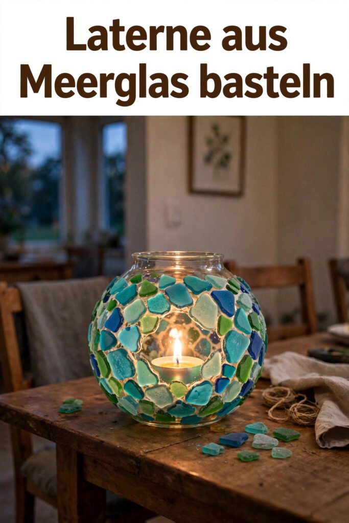 Laterne aus Meerglas mit leuchtendem Teelicht