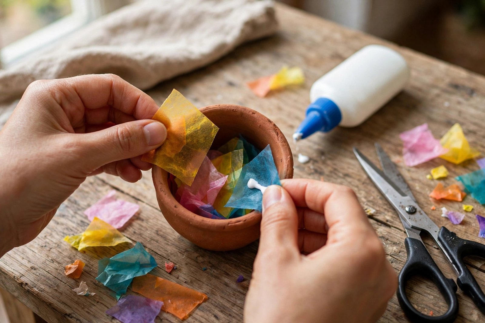 Hände kleben bunte Transparentpapier-Schnipsel in einen Tontopf