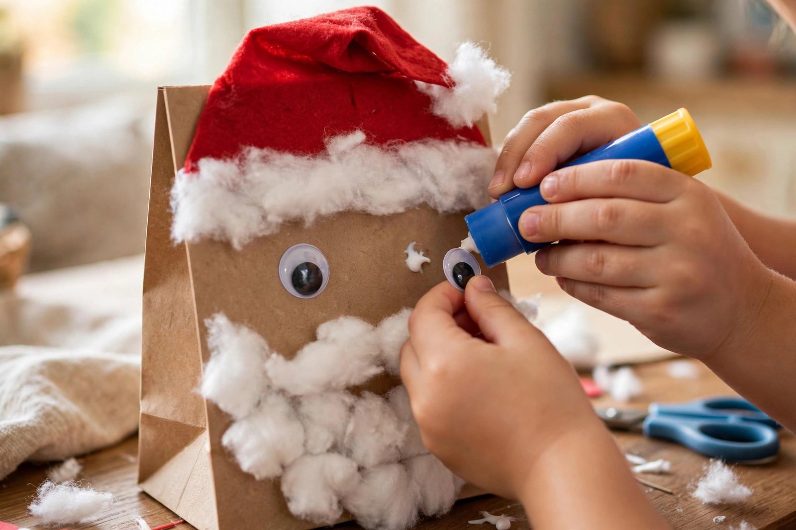 Kind klebt Wackelaugen auf eine Nikolaus-Geschenktüte aus Papier