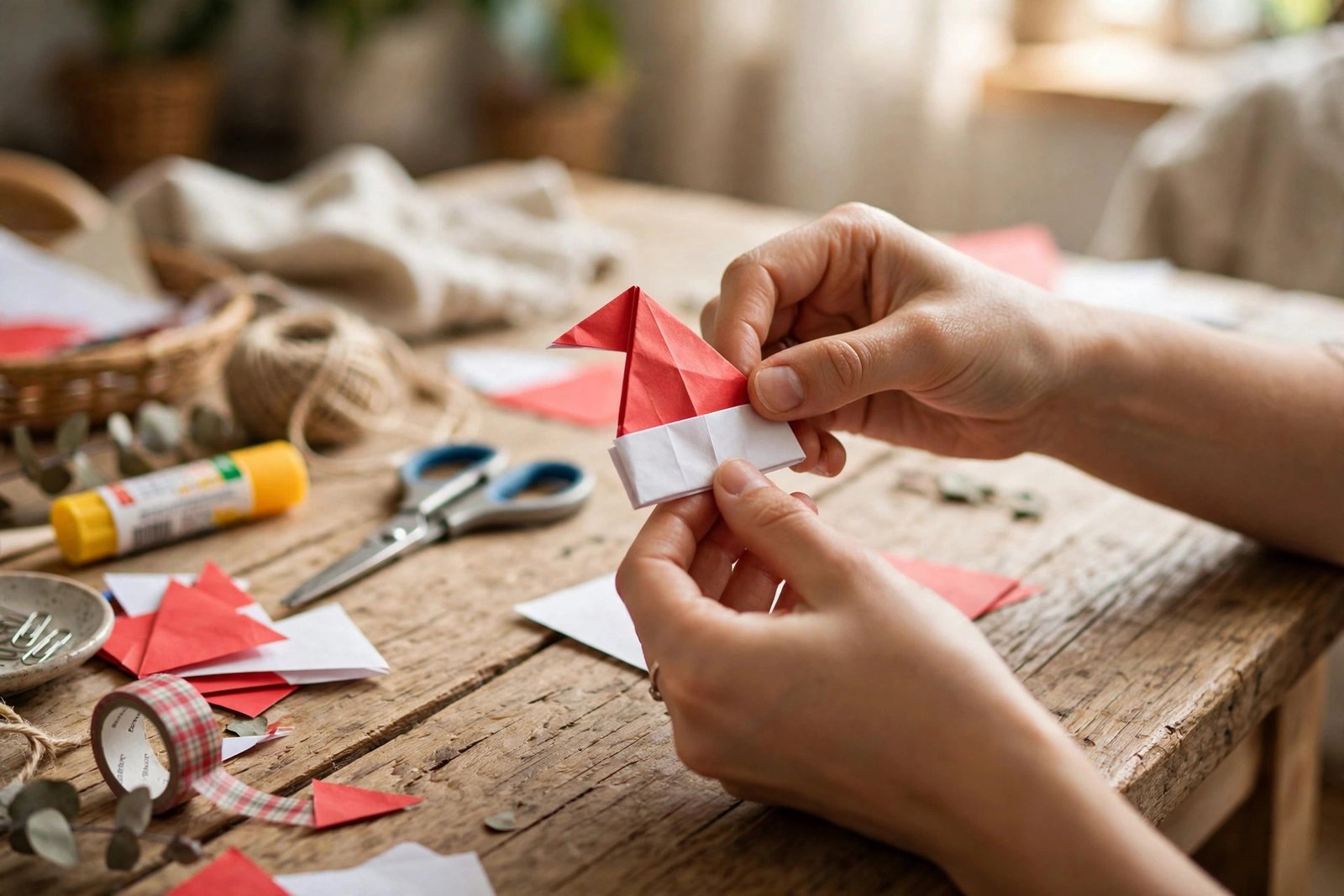 Hände falten eine rote Nikolausmütze aus Origamipapier