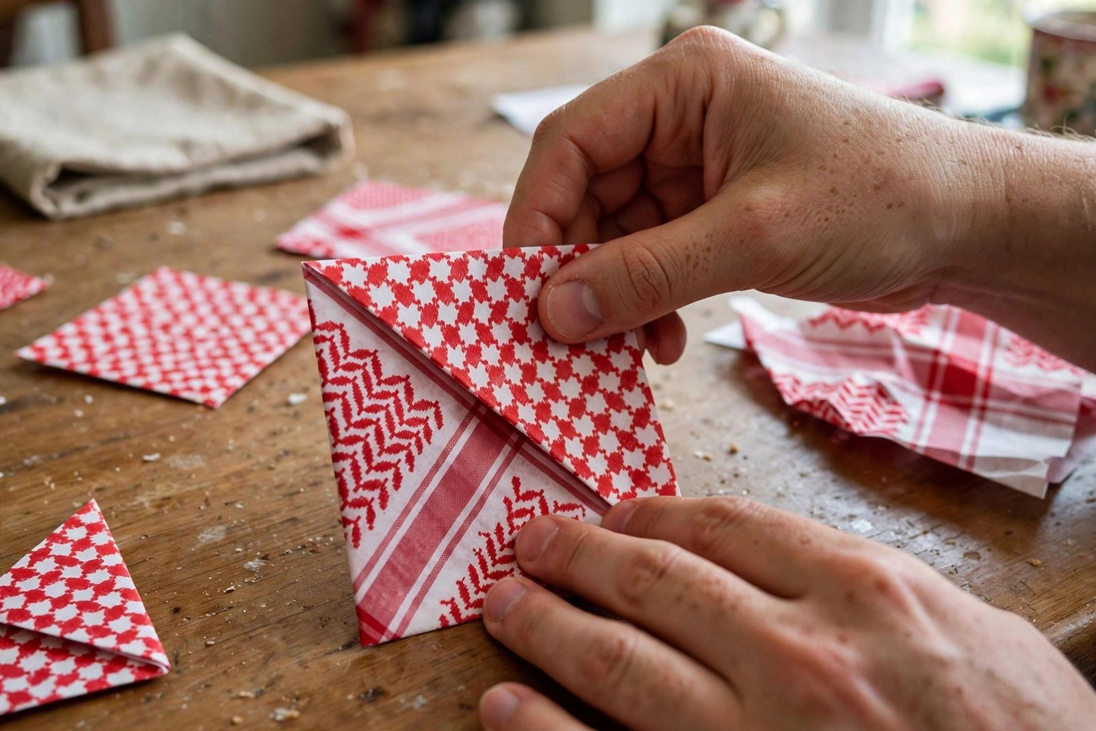Hände falten ein rot-weißes Origami-Papierquadrat zu einem Dreieck