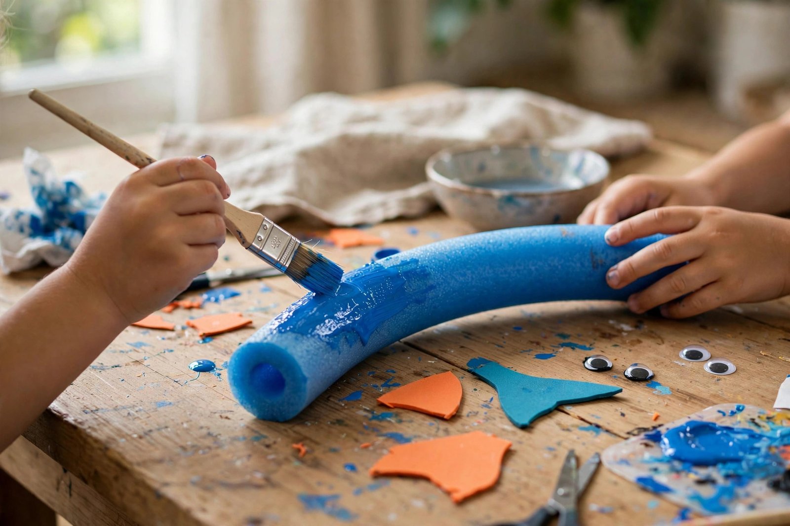 Kinderhände bemalen bunte Poolnudel-Fische mit Acrylfarben auf dem Basteltisch