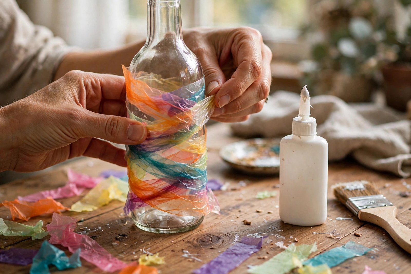 Hände wickeln Transparentpapier um eine Glasflasche für eine Quallenlaterne