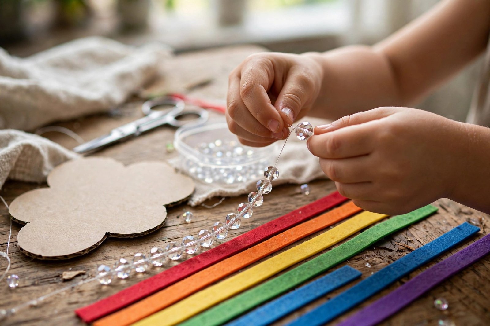 Kinderhände fädeln Kristallperlen auf Angelschnur für ein Regenbogen-Mobile aus Karton