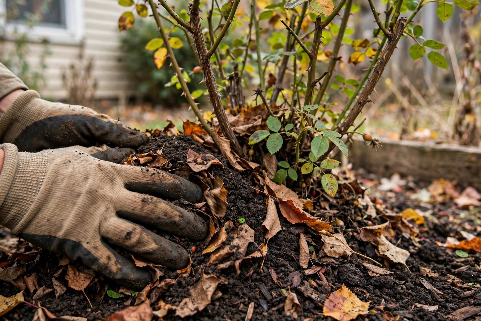Hände mit Gartenhandschuhen häufeln Erde und Laub um den Stamm einer Rose an
