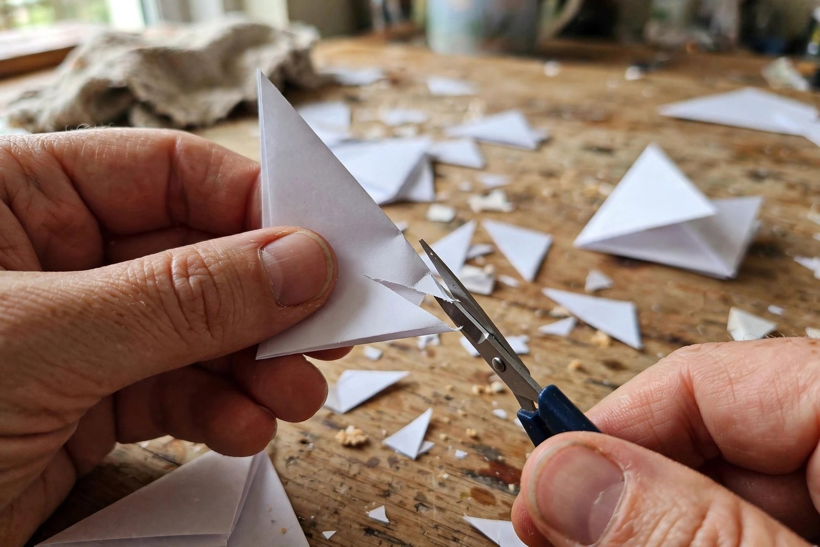 Hände schneiden mit einer kleinen Schere eine gefaltete Papierschneeflocke aus