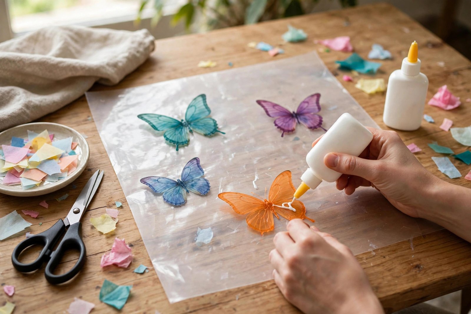 Hände kleben bunte Transparentpapier-Schmetterlinge auf ein Fensterbild