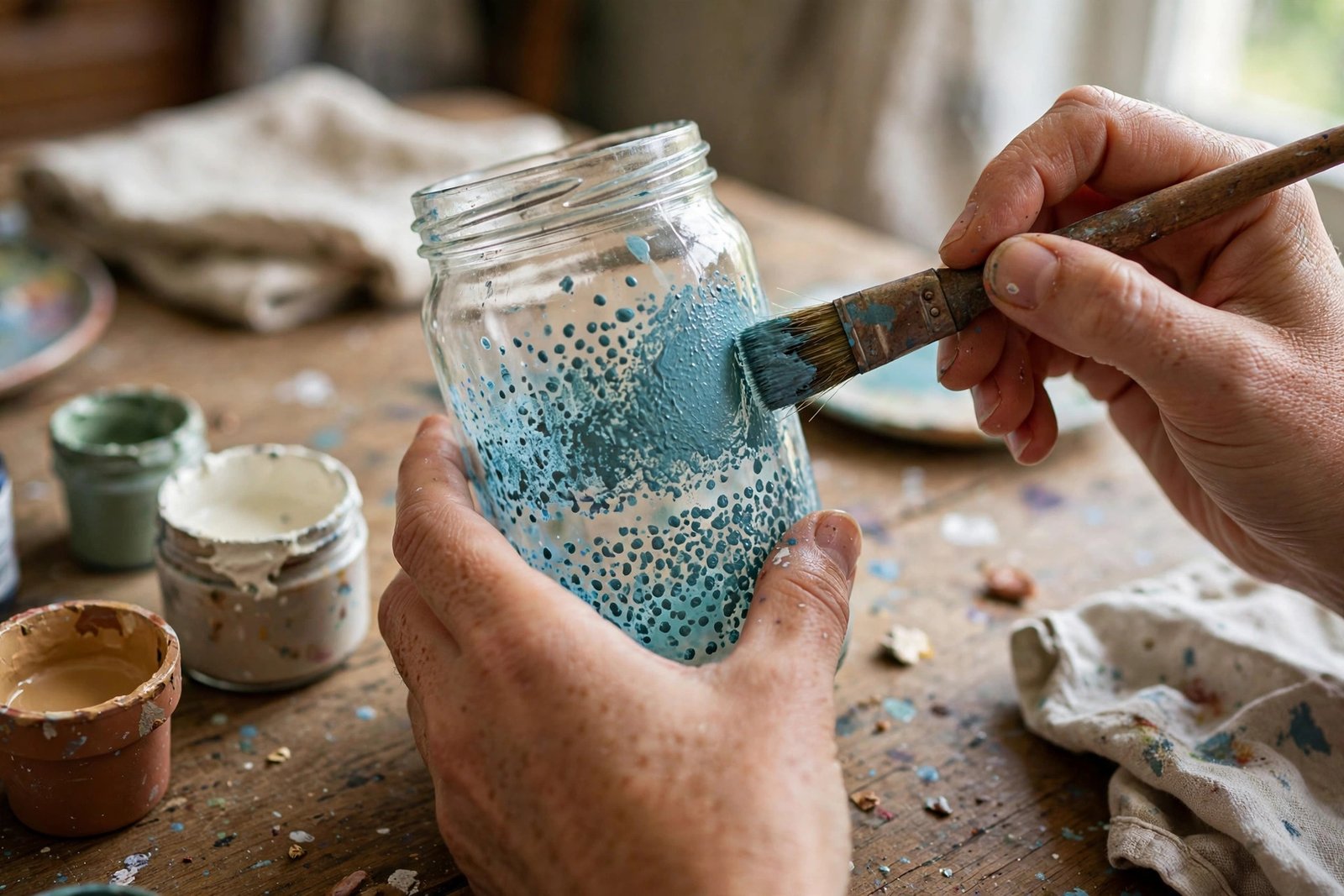 Ein Schraubglas wird mit Stupfpinsel und Acrylfarbe bemalt