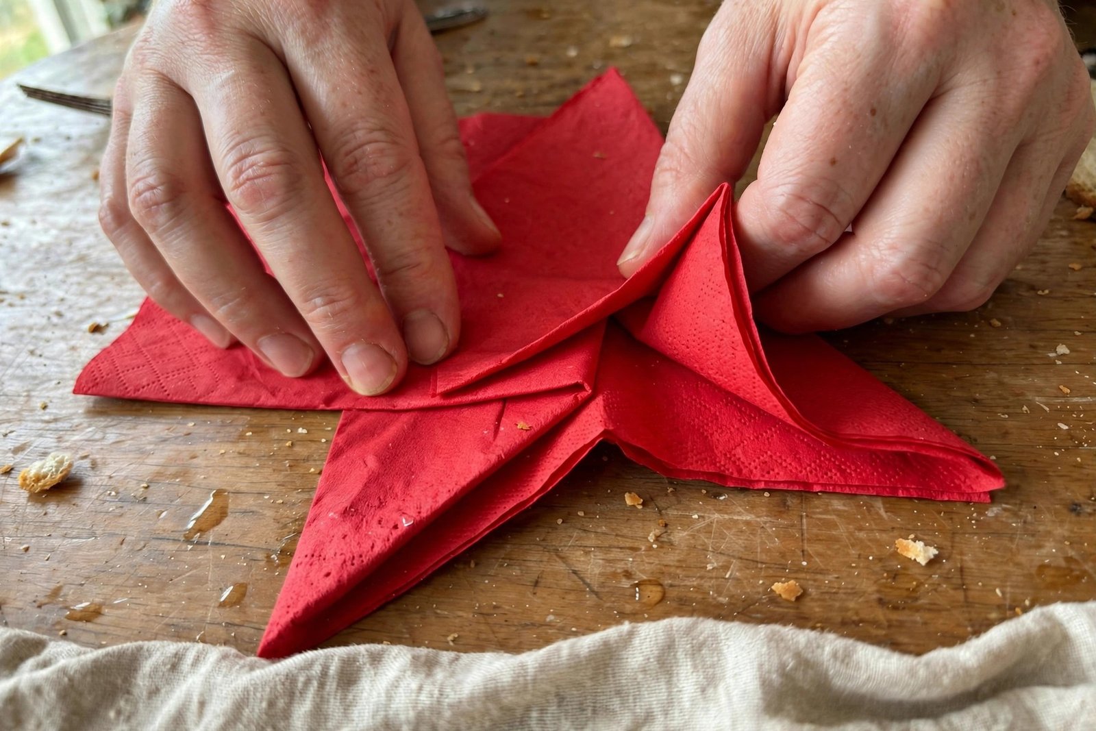 Hände falten eine rote Papierserviette zu einer Sternspitze