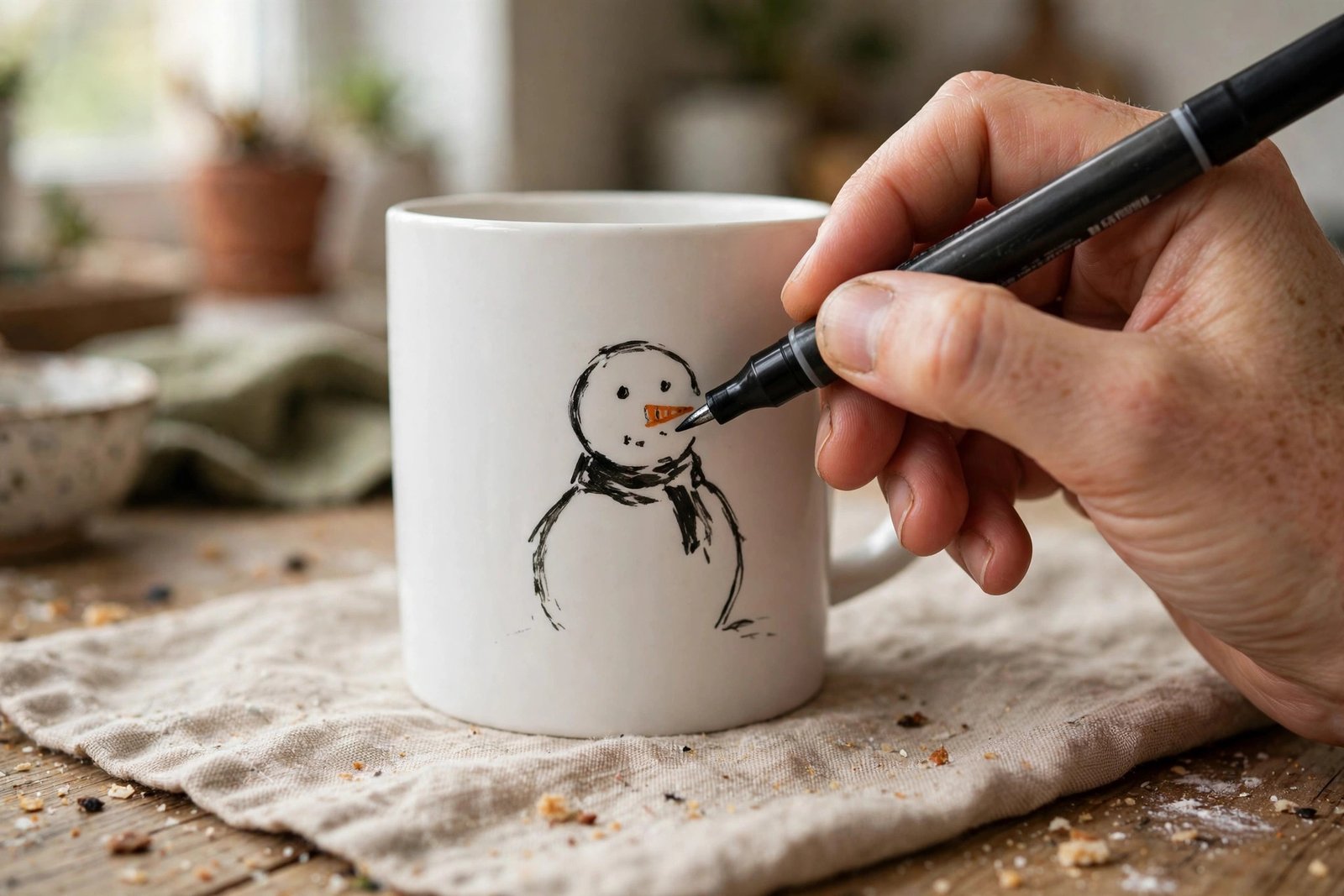 Eine Hand bemalt eine Tasse mit Keramikstiften