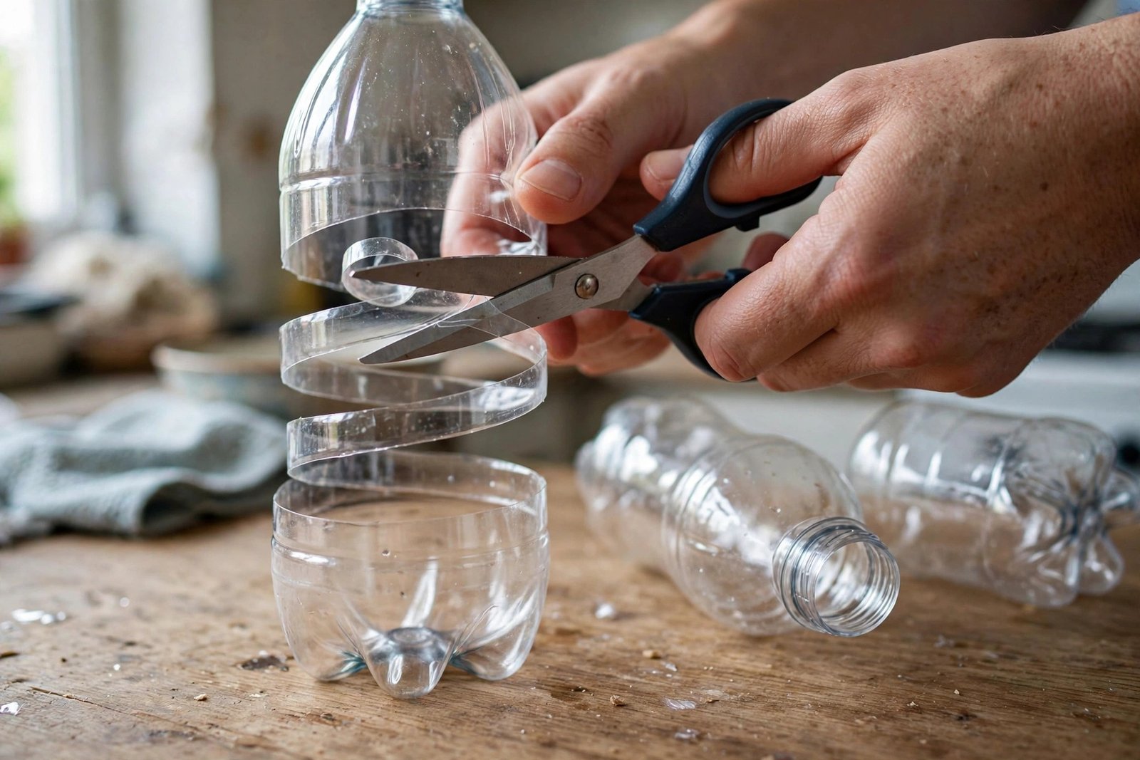 Hand schneidet spiralförmig aus einer Plastikflasche auf einem Tisch